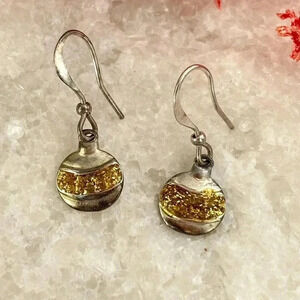 Silver Toned Gold Glitter Adorned Vintage Ornament Shaped Dangle Earrings